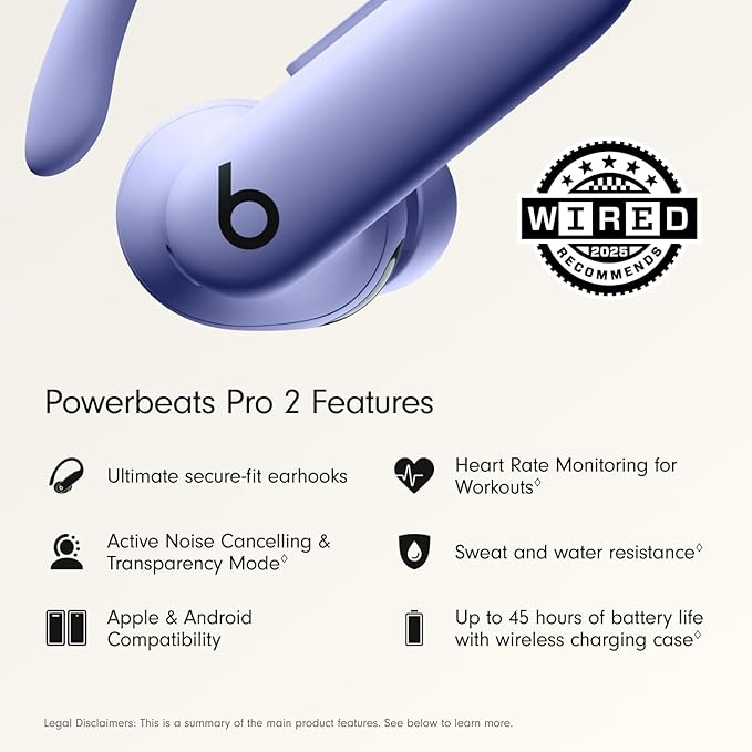 Beats Powerbeats Pro 2 Wireless Bluetooth Earbuds - Noise Cancelling, Heart Rate Monitor, IPX4, Up to 45H Battery & Charging Case, Works with Apple & Android - Hyper Purple