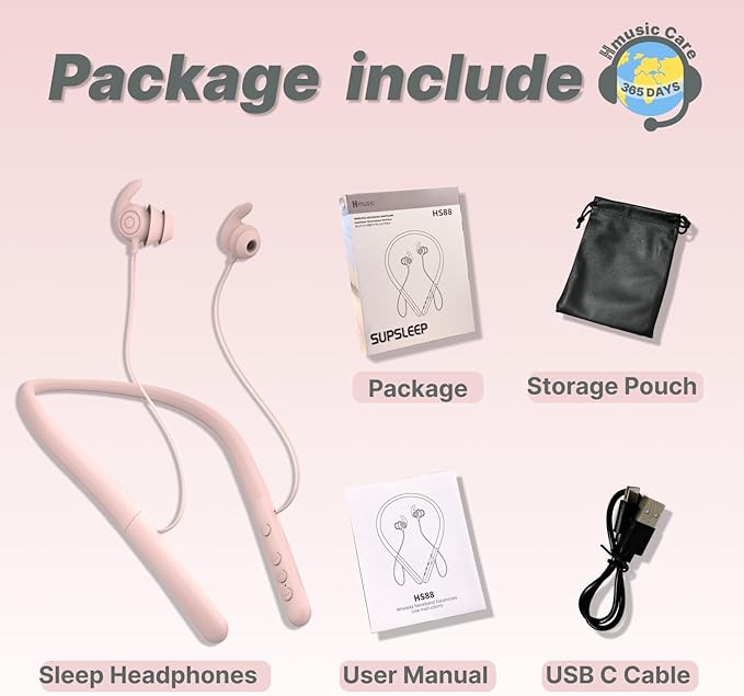 Hmusic HS88 Sleep Earbuds for Side Sleepers,Neckband Bluetooth Sleeping Headphones,-30dB Noise Isolate,Flat Thin Soft Silicone Earplug,12H Playtime w/Timer, for Yoga,Read,Air Travel,Audio Book