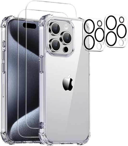 for iPhone 15 Pro Case Clear - 5-in-1 Camera Lens and Glass Screen Protector