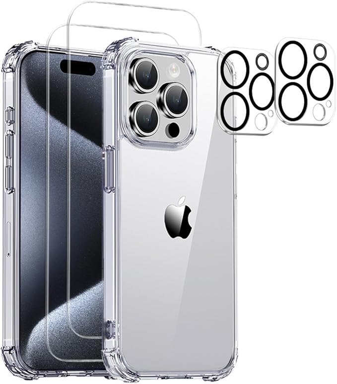 for iPhone 15 Pro Max Case Clear - 5 in 1 Camera Lens | Glass Screen Protector for 15 Promax | Not Yellowing