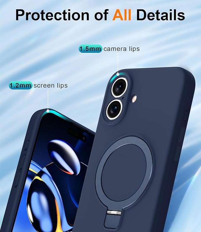 ZHK Liquid Silicone Designed for iPhone 16 Case with Magnet Stand, [Precise Camera Lens Protection][Mil-Grade Drop Shockproof][Soft Anti-Scratch Microfiber Lining] Slim Fit Cover, Navy Blue