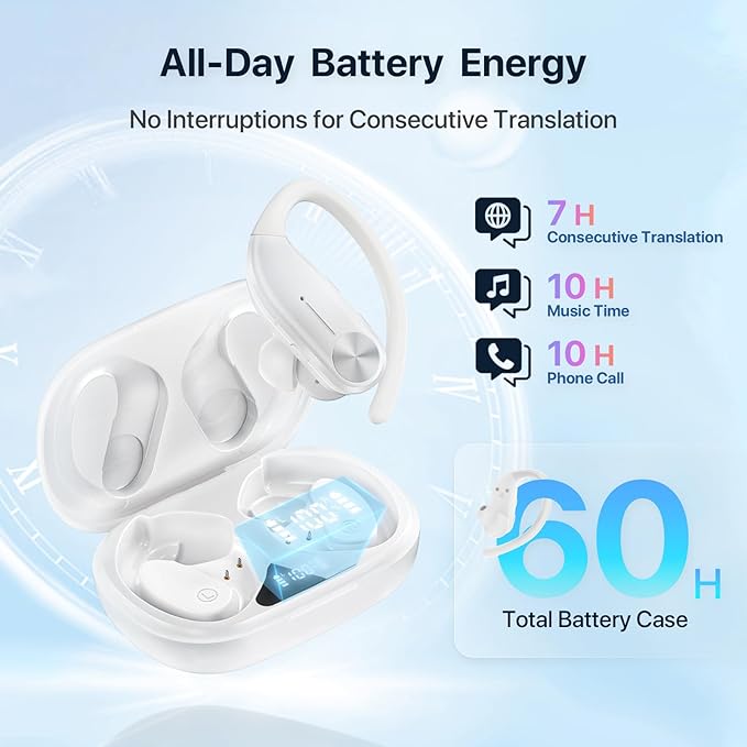 AI Translation Earbuds Real-Time : 144 Languages, Offline Mode, Noise Canceling, 60 Hours Battery - Seamless Translator Headphones for Travel Business Learning, iOS & Android Support