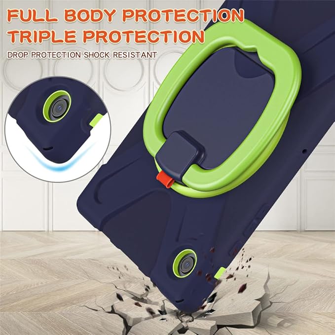 360 Rotation Case for Samsung Galaxy Tab A8 10.5" Sturdy Cover Rotate Ring Stand Shoulder Carrying Strap Hand Strap Rugged Children Adults Outdoor Case, Navy+Green