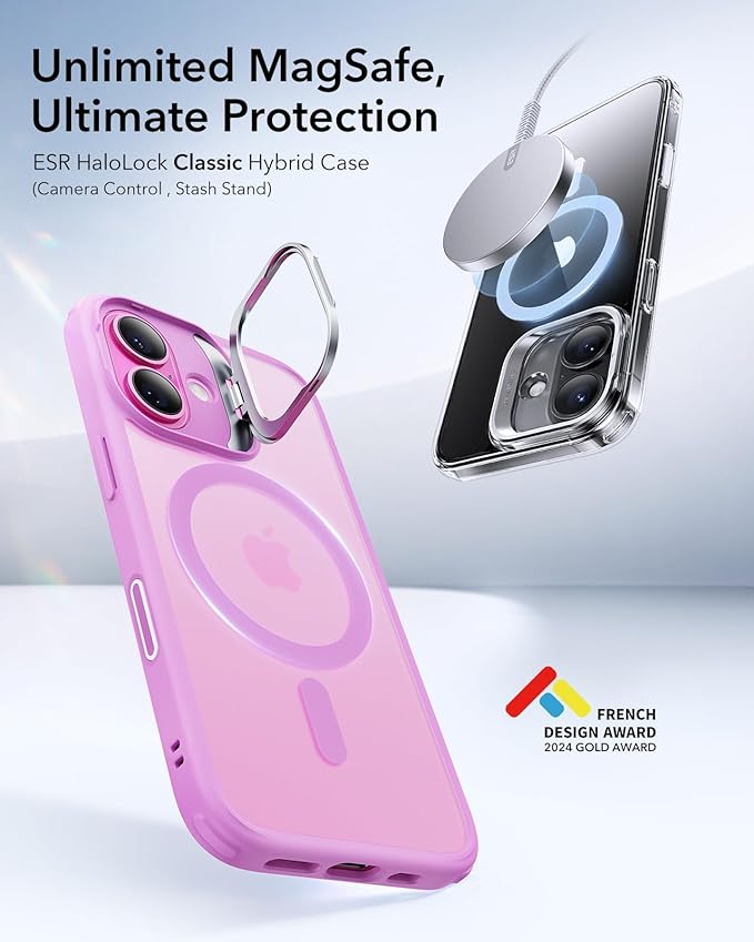 ESR for iPhone 16 Case, Camera Control Button Compatible with MagSafe, Military-Grade Protective Case, Built-in Stash Stand Phone Case, Scratch-Resistant Back Cover, Classic Series, Frosted Pink