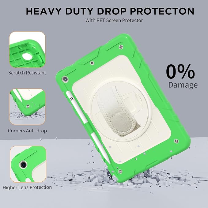 Case for iPad 9th/8th/7th Generation-Built-in Screen Protector,with Pencil Holder&360°Rotating Hand Strap,Shoulder Strap,Case for iPad 10.2 inch 2021-2019(Green/Beige)