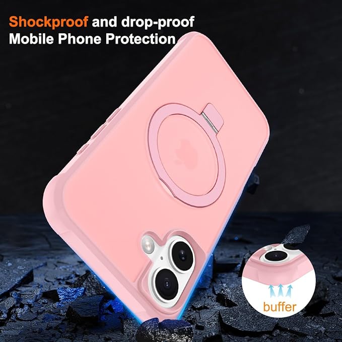 Magnetic Compatible with iPhone 17 Case with Stand [Military Grade Drop Tested][Compatible with Magnet] Ring Translucent Slim Hard Back Soft Edge, Pink