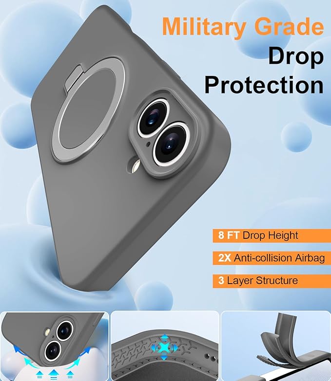 ZHK Liquid Silicone Designed for iPhone 16 Plus Case with Magnet Stand, [Precise Camera Lens Protection][Mil-Grade Drop Shockproof][Soft Anti-Scratch Microfiber Lining] Slim Fit Cover, Grey