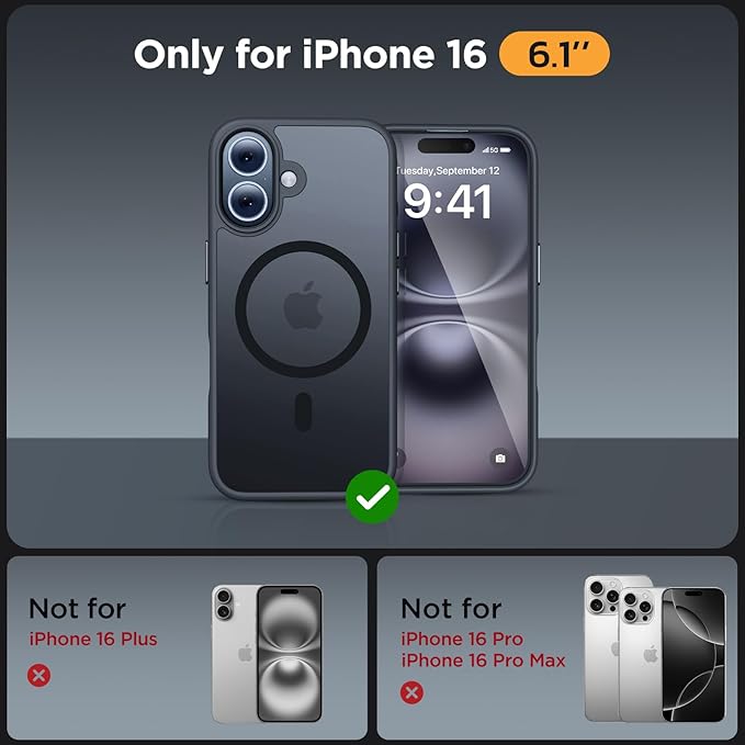 Miracase Magnetic for iPhone 16 Case [with 2X Screen Protectors] [Compatible with MagSafe] Slim Thin Phone Case Military-Grade Protected for iPhone 16 Cover Bumper, Black