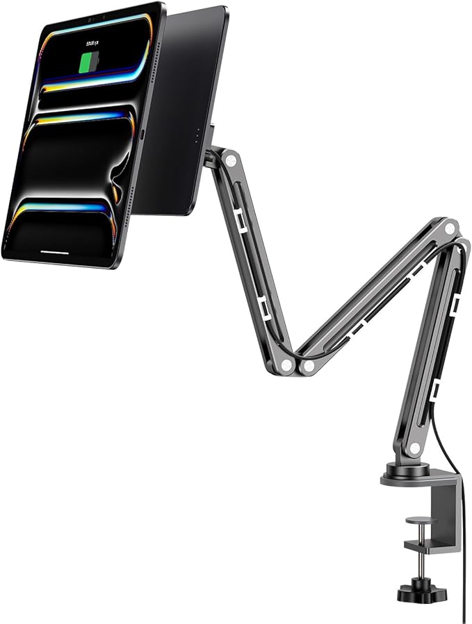 Magnetic Wireless Charging Stand for iPad Pro/Air 11 M2, Foldable Adjustable Arm Mount with 2M Cable, Aluminum Alloy Tablet Holder for iPad Pro 11 1st/2nd/3rd/4th, Air 10.9 4/5th