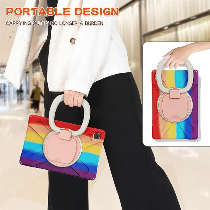 360 Rotation Case for Samsung Galaxy Tab S6 Lite 10.4" Sturdy Cover Rotate Ring Stand Shoulder Carrying Strap Hand Strap Rugged Children Adults Outdoor Case (Colourful Red)