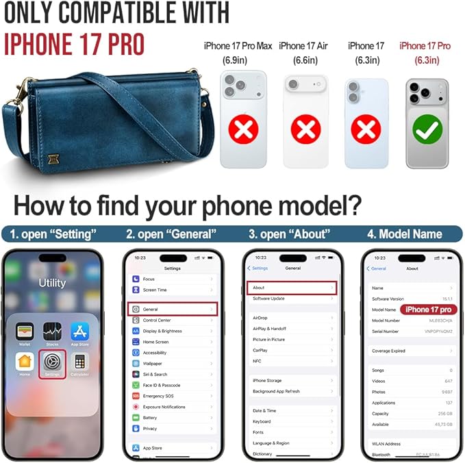 for iPhone 17 Pro Wallet Phone Case with 7 Card Holder,RFID Blocking | PU Leather | Kickstand | Flip | Wrist Strap&Shoulder Strap | Shockproof | Zipper Wallet | Women Men | 6.3" | Blue