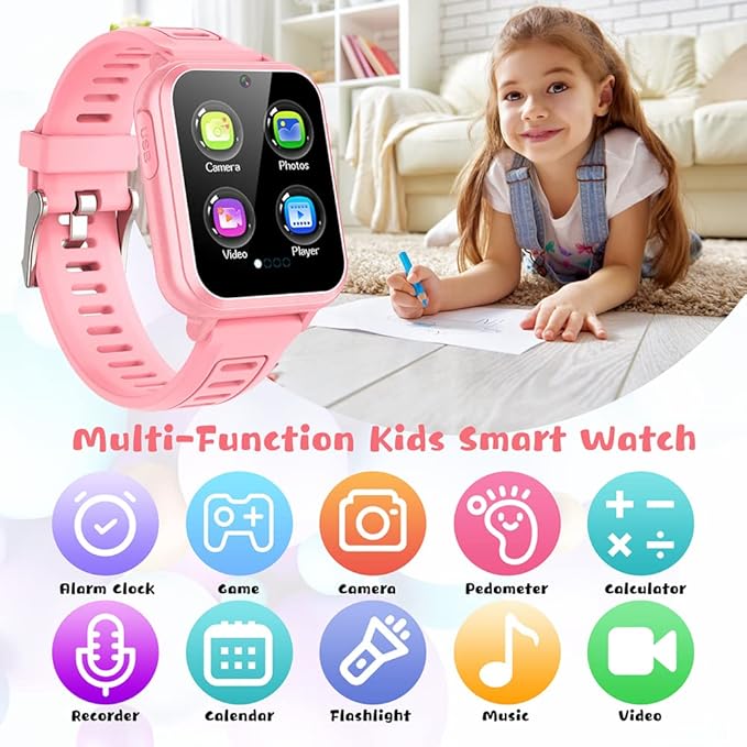 Retysaz Kids Smart Watch,24 Game Smart Watch for Kids, Fashion Smartwatches for Children 3-14 Great Gifts to Girls Boys (Pink)
