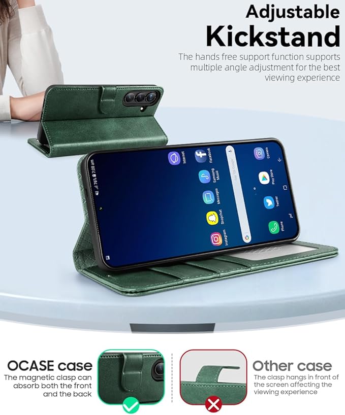 OCASE Compatible with Galaxy S25 Wallet Case, PU Leather Flip Folio Case with Card Holders RFID Blocking Kickstand [Shockproof TPU Inner Shell] Protective Phone Cover 6.2 Inch 2025, Blackish Green
