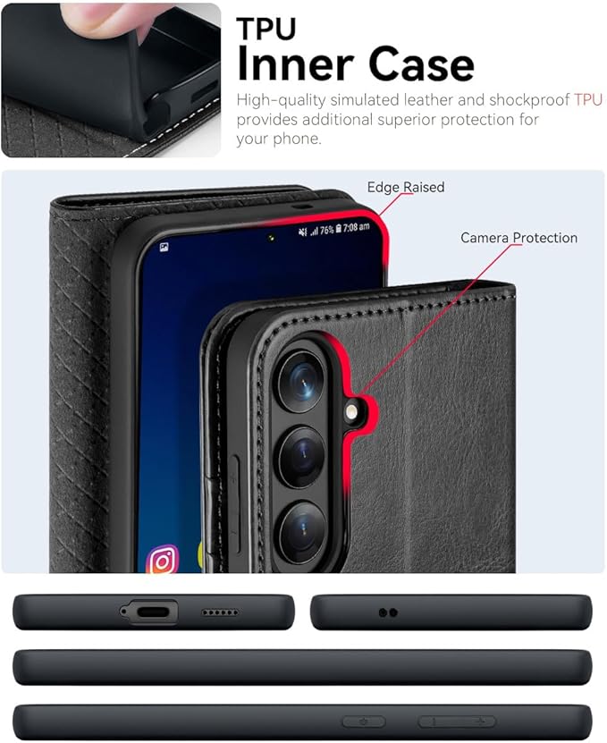 OCASE Compatible with Galaxy S25 FE Wallet Case, PU Leather Flip Folio Case with Card Holders RFID Blocking Kickstand [Shockproof TPU Inner Shell] Protective Phone Cover 2025, Black