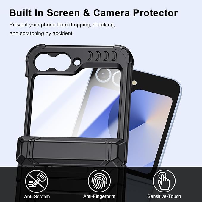 Military-Grade Protection ZFlip 6 / ZFlip 7 FE Case for Samsung Galaxy Z Flip 6 & Flip 7 FE: Shockproof TPU Frame, Hinge Protection, Glass Screen Protector, Anti-Slip Rugged Phone Cover (Black)