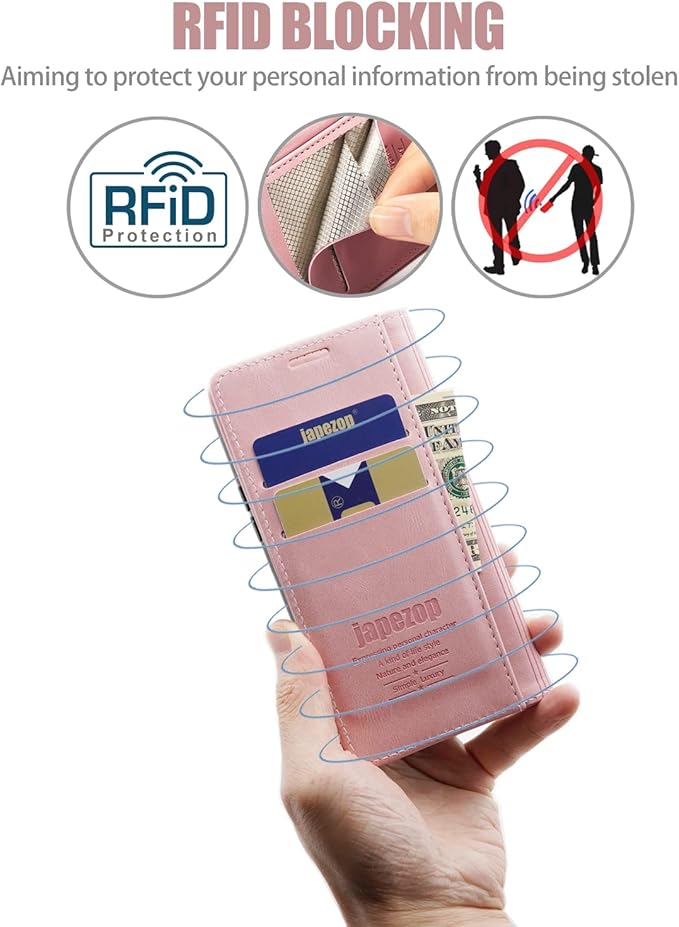 japezop iPhone 14 Pro Wallet Case with [RFID Blocking] Credit Card Slots Folio Magnetic Stand,Leather Flip Case Wallet for iPhone 14 Pro 5G 6.1 Inch (Pink)