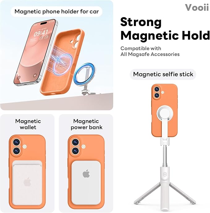 Vooii Magnetic Compatible with iPhone 17 Case (Compatible with Magsafe) (Upgraded Camera Protection) Liquid Silicone Shockproof Full Body Protective Phone Cover for Women Men, Bright Orange, 6.3"