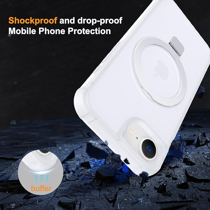 Magnetic Compatible with iPhone 16E Case 2025 with Stand [Military Grade Drop Tested][Compatible with Magnet] Ring Translucent Slim Hard Back Soft Edge, Frost White
