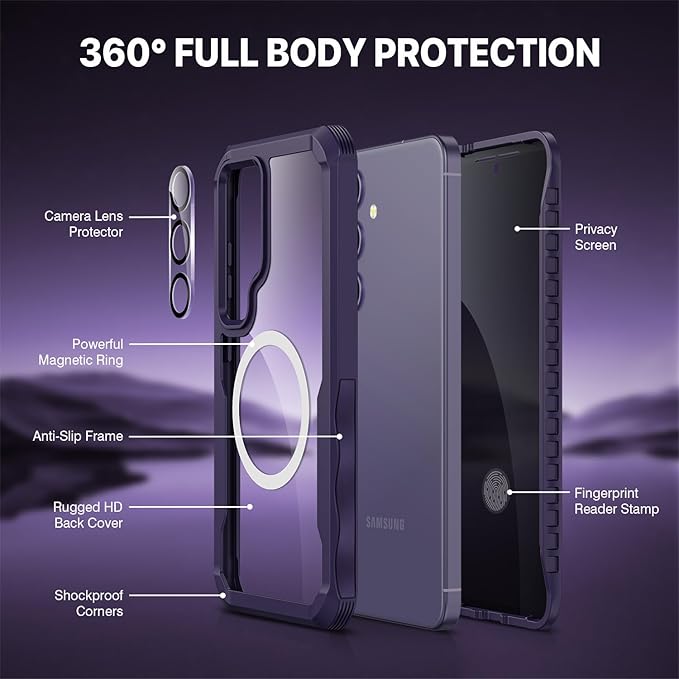 CENHUFO Magnetic Privacy for Samsung Galaxy S24 Case, Full Body Phone Case with Built-in Privacy Screen Protector and Camera Lens Protector, Anti Peep Shockproof Bumper Clear Protective Cover -Purple