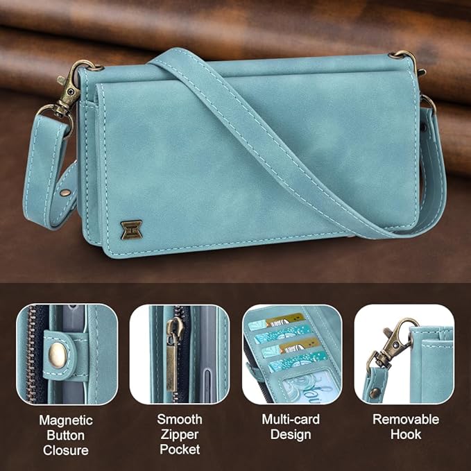 for iPhone 17 Pro Wallet Phone Case with 7 Card Holder,RFID Blocking | PU Leather | Kickstand | Flip | Wrist Strap&Shoulder Strap | Shockproof | Zipper Wallet | Women Men | 6.3" | Baby Blue