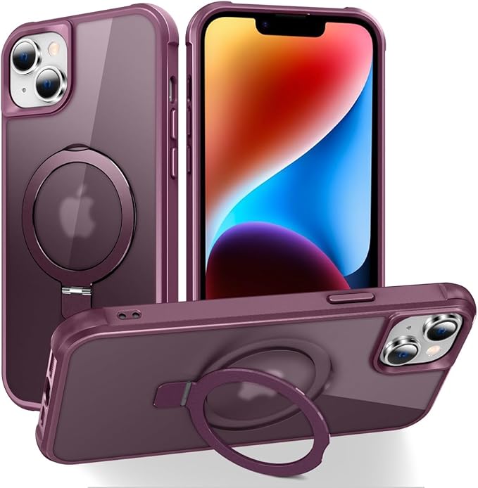 Magnetic Compatible with iPhone 14 Case with Stand [Military Grade Drop Tested][Compatible with Magnet] Ring Translucent Slim Hard Back Soft Edge, Wine Red