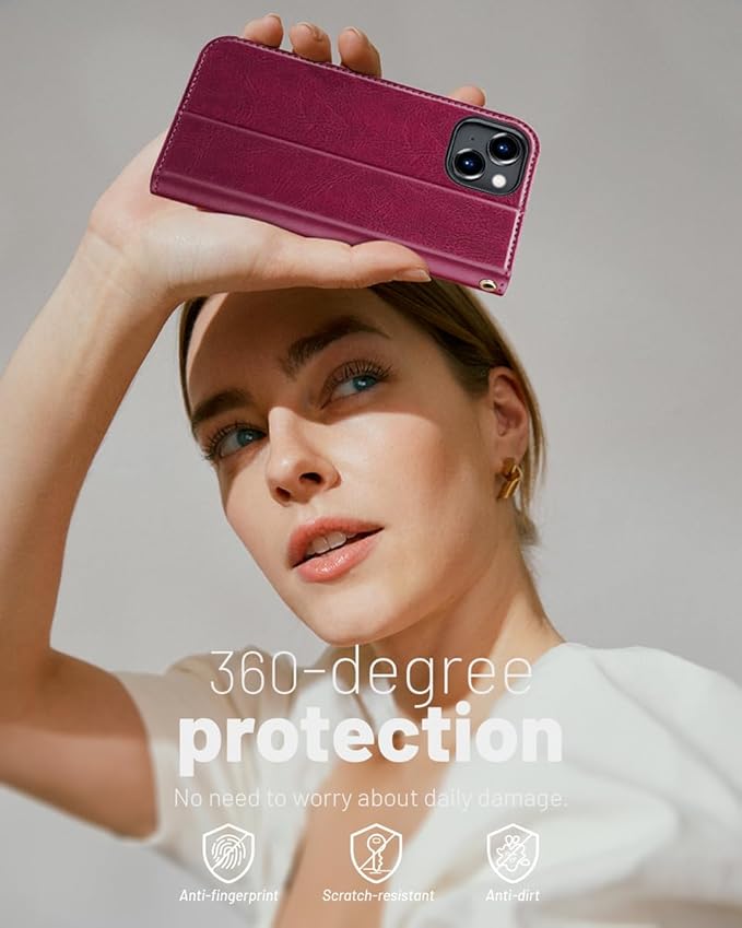 OCASE Compatible with iPhone 15 Wallet Case, PU Leather Flip Folio Case with Card Holders RFID Blocking Kickstand [Shockproof TPU Inner Shell] Phone Cover 6.1 Inch 2023, Burgundy