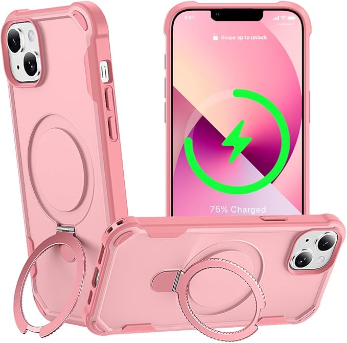 Designed for iPhone 13 Case with Magnetic Stand [Military Drop Protection][Compatible with Magnet] Shockproof 13 Phone Case with Ring Holder, Pink