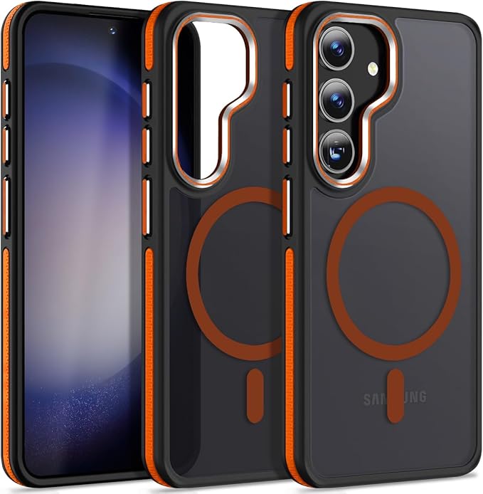 Magnetic Case for Samsung Galaxy S24+ Plus 5G, Color Match Cover [Compatible with Magsafe] [Military Drop Protection] Anti-Slip Soft TPU Edge Phone Case for Galaxy S24 Plus (Black/Orange)