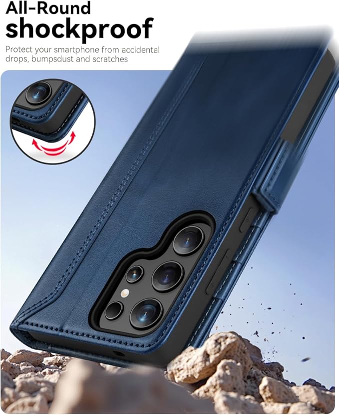 OCASE Compatible with Galaxy S25 Ultra Wallet Case, PU Leather Flip Folio Case with Card Holders RFID Blocking Kickstand [Shockproof TPU Inner Shell] Protective Phone Cover 2025, Retro Blue