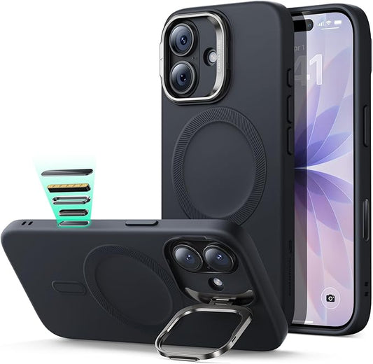 ESR Silicone Case for iPhone 17, Built-in Camera Stash Stand Compatible with MagSafe, Military-Grade Drop Protection Magnetic Phone Case for iPhone 17, Cloud Series, Black