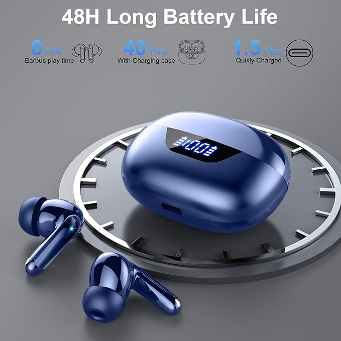 Wireless Earbuds, Bluetooth 5.4 Headphones, ENC Noise Cancelling Mic Ear buds with Stereo Bass, 48H Playtime Earphones , LED Display, IP7 Waterproof In Ear EarBuds for Phone Android iOS Sports, Blue