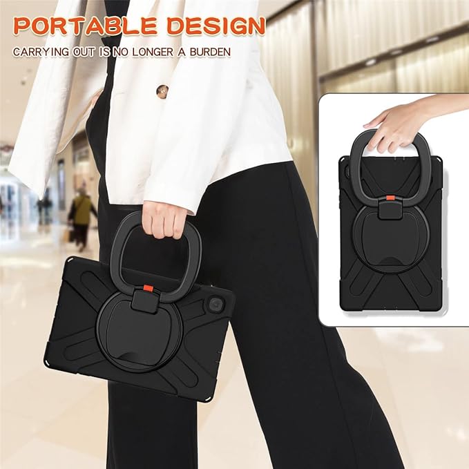 360 Rotation Case for Samsung Galaxy Tab S6 Lite 10.4" Sturdy Cover Rotate Ring Stand Shoulder Carrying Strap Hand Strap Rugged Children Adults Outdoor Case (Black)