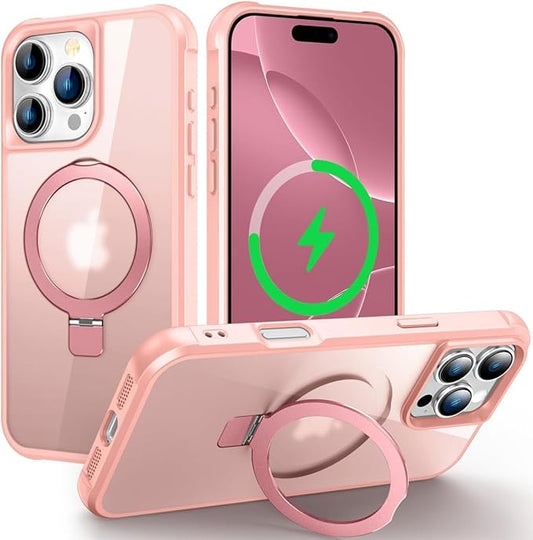 Magnetic Compatible with iPhone 16 Pro Case with Stand [Military Grade Drop Tested][Compatible with Magnet] Ring Translucent Slim Hard Back Soft Edge, Pink