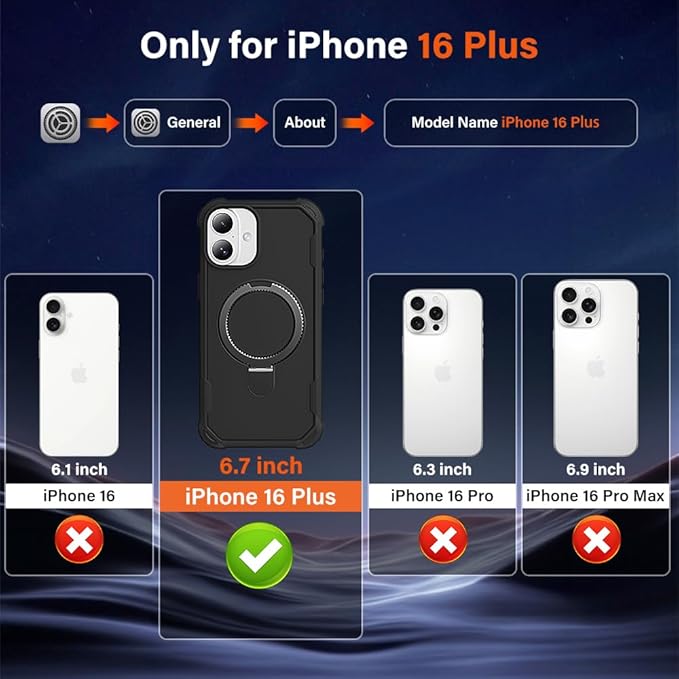 Designed for iPhone 16 Plus Case with Magnetic Stand [Military Drop Protection][Compatible with Magnet] Shockproof 16 Plus Phone Case with Ring Holder, Black