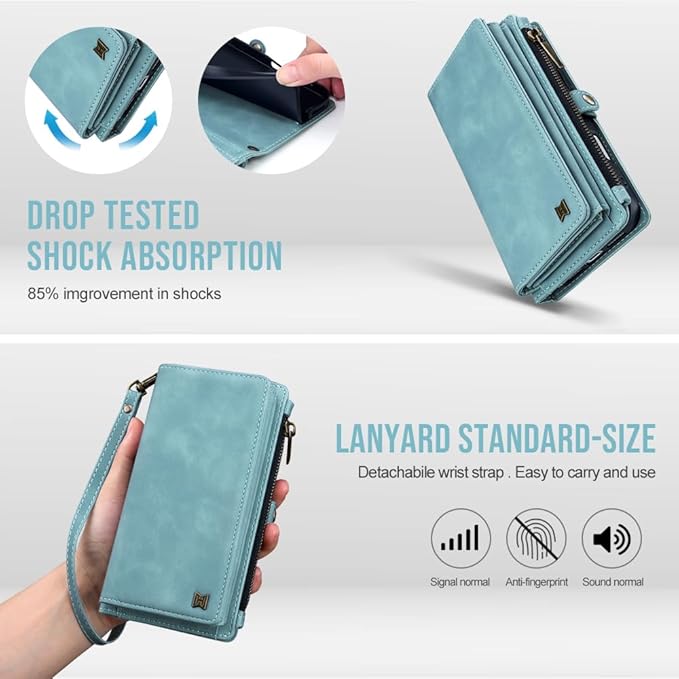 for iPhone 17 Wallet Phone Case with 7 Card Holder,RFID Blocking | PU Leather | Kickstand | Flip | Wrist Strap&Shoulder Strap | Shockproof | Zipper Wallet | Women Men | 6.3" | Baby Blue