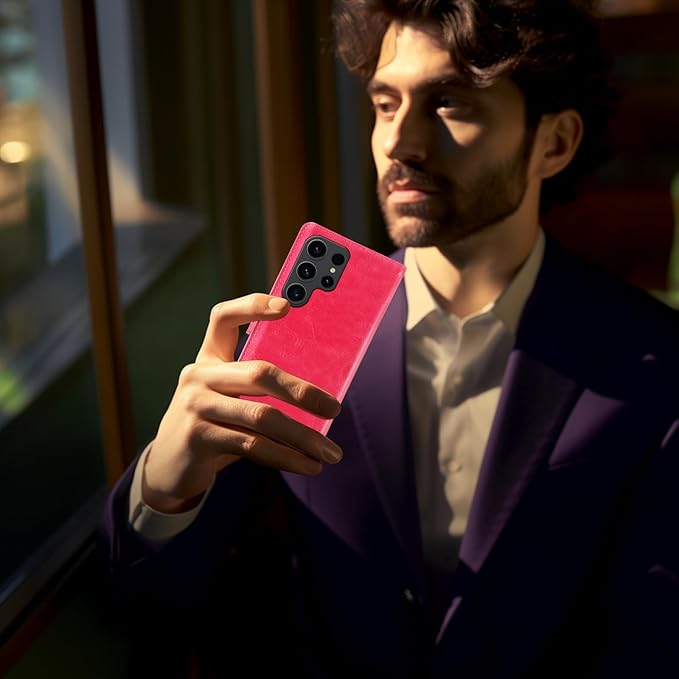 MONASAY Wallet Case Compatible for Galaxy S23 Ultra 5G,[RFID Blocking] Flip Folio Leather Cell Phone Cover with Credit Card Holder, 6.8 inch, Hot-Pink