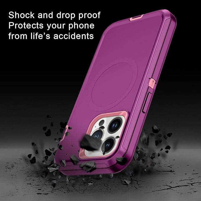 for iPhone 14 Pro Case [Compatible with MagSafe] Shockproof 3-Layer Full Body Protection Rugged Heavy Duty Cover Case for Apple iPhone 14 Pro 6.1",Purple/Pink
