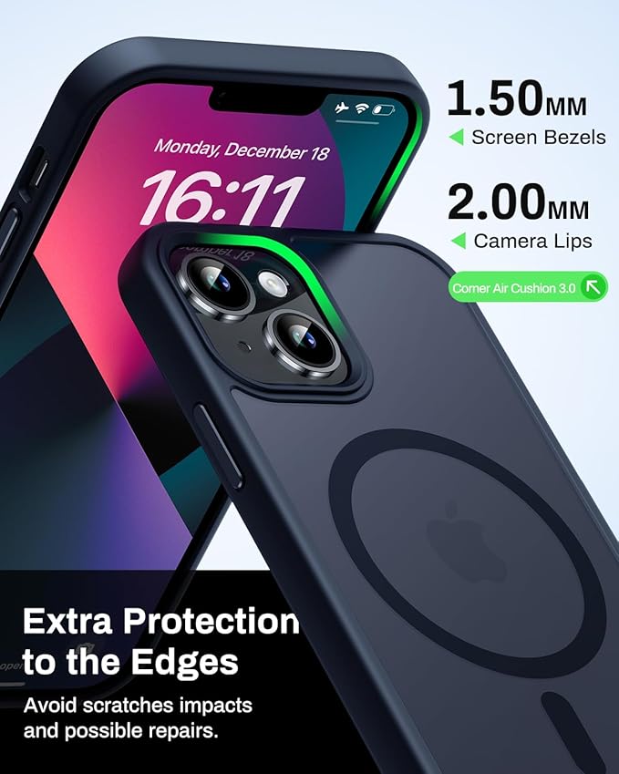 Magnetic for iPhone 13 Case & iPhone 14 Case, Compatible with MagSafe, Military Grade Drop Protection, Slim Fit Shockproof Anti-Fingerprint Translucent Matte Phone Protective Cover, Dark Blue