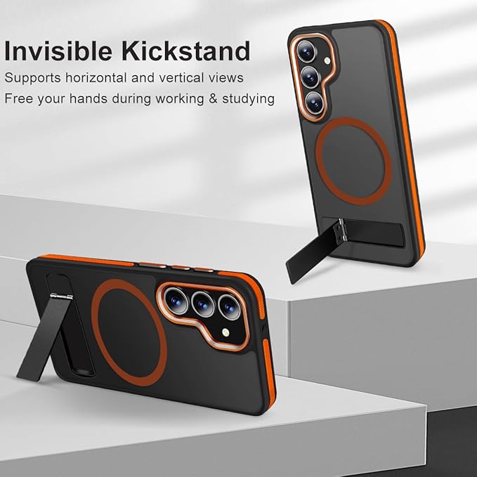 Slim Case for Samsung Galaxy S25 Plus/S25+, 3 Modes Seamless Stand Phone Case Fits for Magsafe, Neon Color Translucent Matte Cover, Anti-Skid Magnetic Case for Galaxy S25+ (Black/Orange)