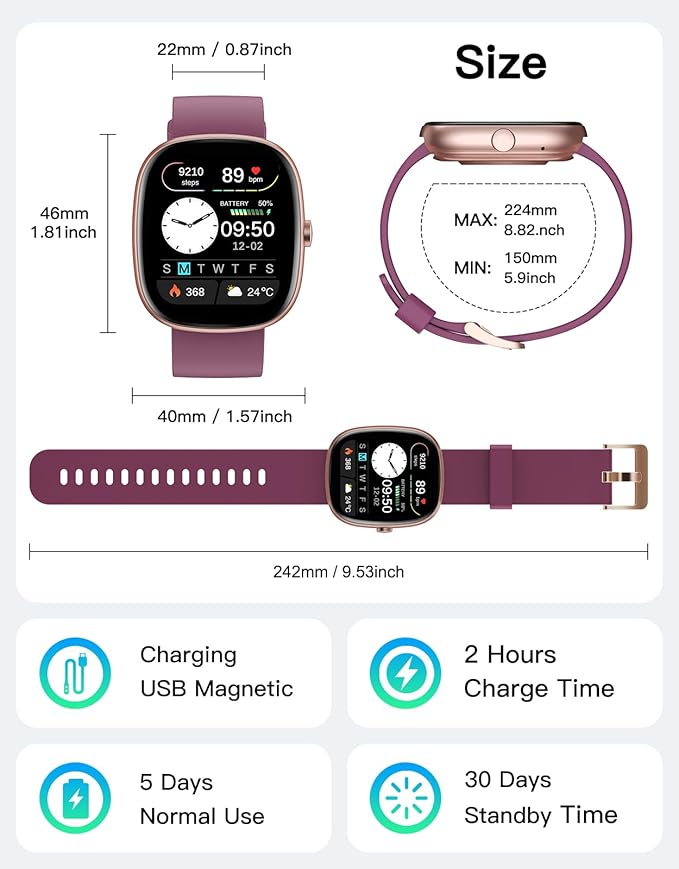Fitness Tracker 2025 Ver. (Answer/Make Calls), 1.85" Smart Watch Fitness Watches for Women Men with 24/7 Heart Rate Blood Oxygen Monitor Sleep Tracker 100+ Sport Modes IP68 Waterproof (Purple)