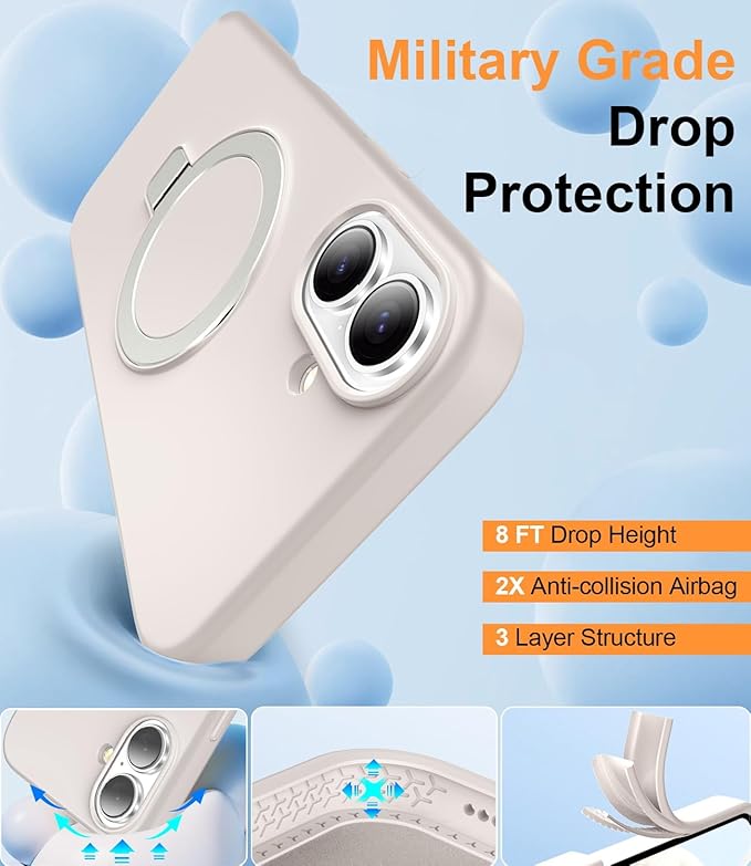 ZHK Liquid Silicone Designed for iPhone 17 Case with Magnet Stand, [Precise Camera Lens Protection][Mil-Grade Drop Shockproof][Soft Anti-Scratch Microfiber Lining] Slim Fit Cover, Beige