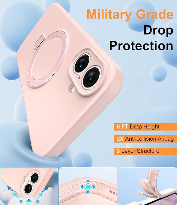 ZHK Liquid Silicone Designed for iPhone 16 Case with Magnet Stand, [Precise Camera Lens Protection][Mil-Grade Drop Shockproof][Soft Anti-Scratch Microfiber Lining] Slim Fit Cover, Pink