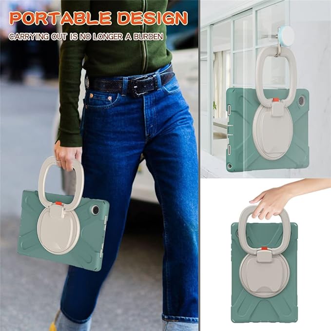 360 Rotation Case for Samsung Galaxy Tab A8 10.5" Sturdy Cover Rotate Ring Stand Shoulder Carrying Strap Hand Strap Rugged Children Adults Outdoor Case, DarkGreen