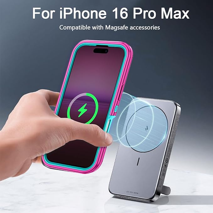 for iPhone 16 Pro Max Case [Compatible with MagSafe] Shockproof 3-Layer Full Body Protection [Without Screen Protector] Rugged Heavy Duty Cover Case for Apple iPhone 16 Pro Max,Rose Red/Green