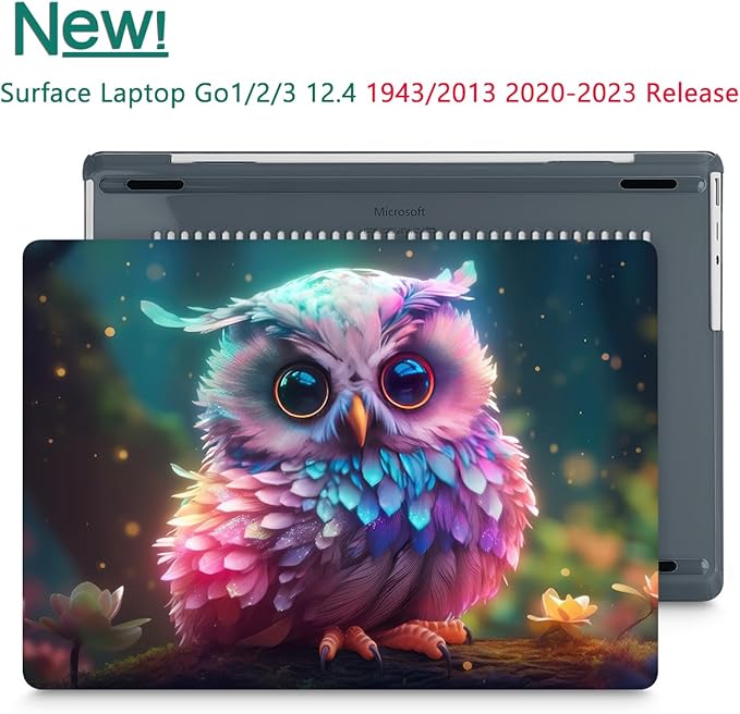 Tuiklol Case for 12.4 Inch Microsoft Surface Laptop Go 3/2 / 1 2023-2020 Releases, Plastic Hard Shell Case with Screen Protector and Keyborad Cover +Dust Plugs Model 2013/1943,Rainbow owl