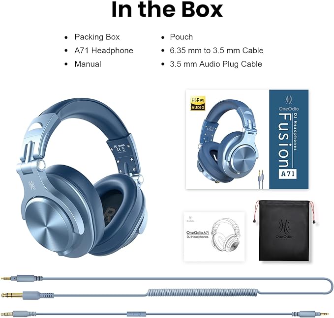 OneOdio A71 Hi-Res Studio Recording Headphones - Wired Over Ear Headphone with SharePort, Monitoring Mixing Foldable Headset with Stereo Sound, 3.5/6.35MM Jack for PC Computer DJ Guitar-Sky Blue