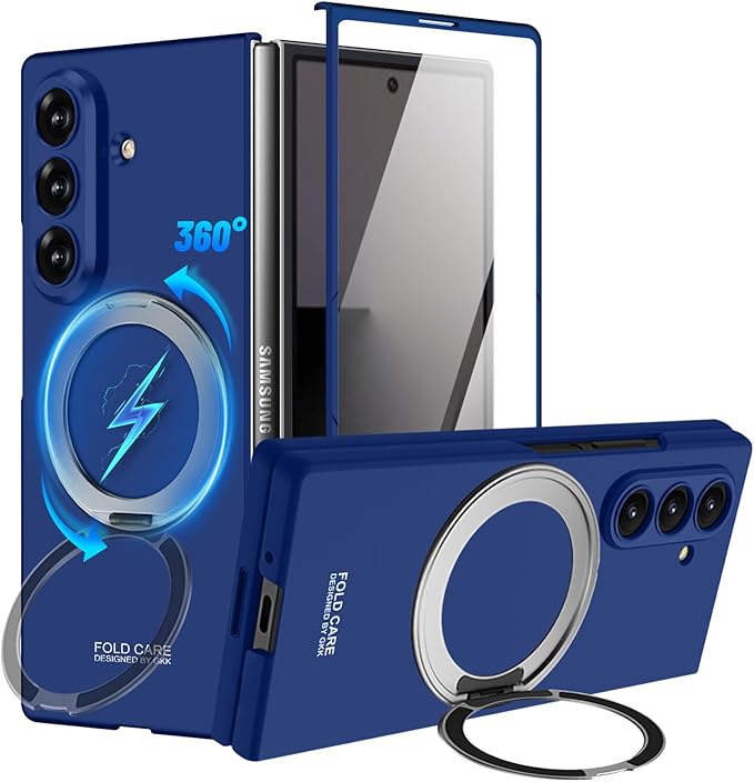 360 Spin Magnetic Stand for Samsung Galaxy Z Fold 7 Case, with Screen Protector [Compatible with MagSafe] Slim PC Hard Ring Holder Kickstand Protection Cover for Samsung Z Fold 7 Phone Case (Blue)