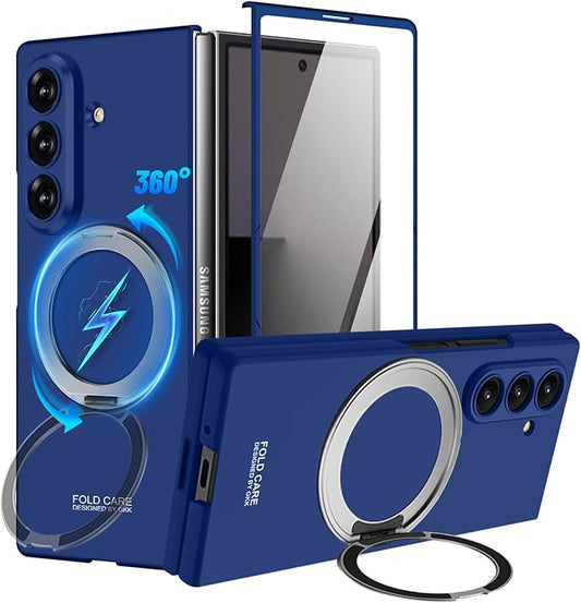 360 Spin Magnetic Stand for Samsung Galaxy Z Fold 7 Case, with Screen Protector [Compatible with MagSafe] Slim PC Hard Ring Holder Kickstand Protection Cover for Samsung Z Fold 7 Phone Case (Blue)