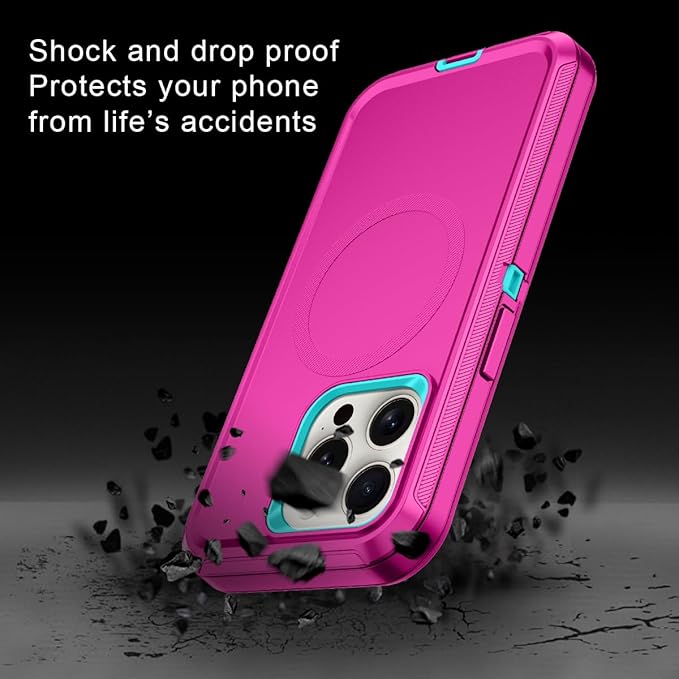 for iPhone 15 Pro Case [Compatible with MagSafe] Shockproof 3-Layer Full Body Protection Rugged Heavy Duty Cover Case for Apple iPhone 15 Pro 6.1",Rose Red/Green