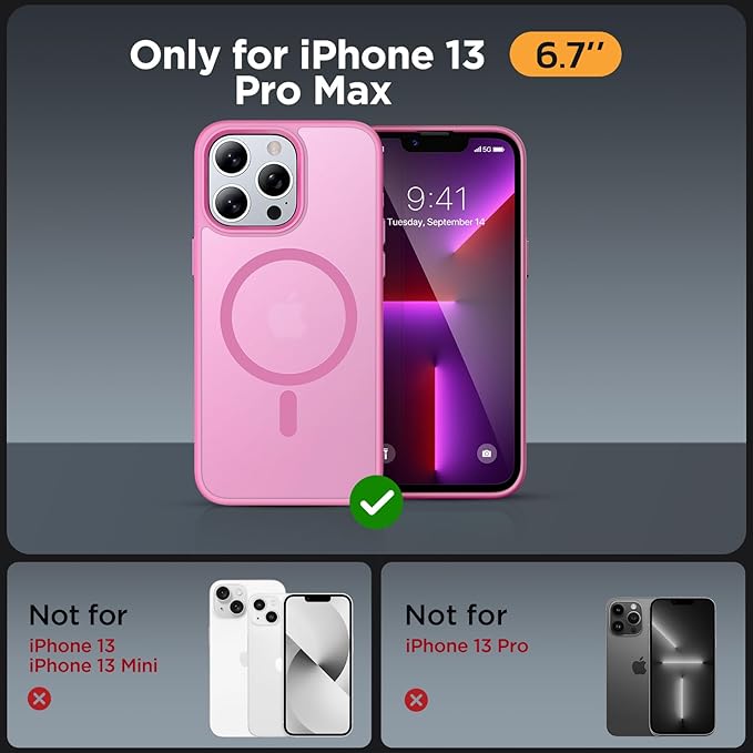 Miracase Magnetic for iPhone 13 Pro Max Case 6.7 inch (Compatible with MagSafe)（with 2X Screen Protectors） Military-Grade Protection, Anti-Fingerprint Translucent Matte Phone Case Cover, Mes Pink